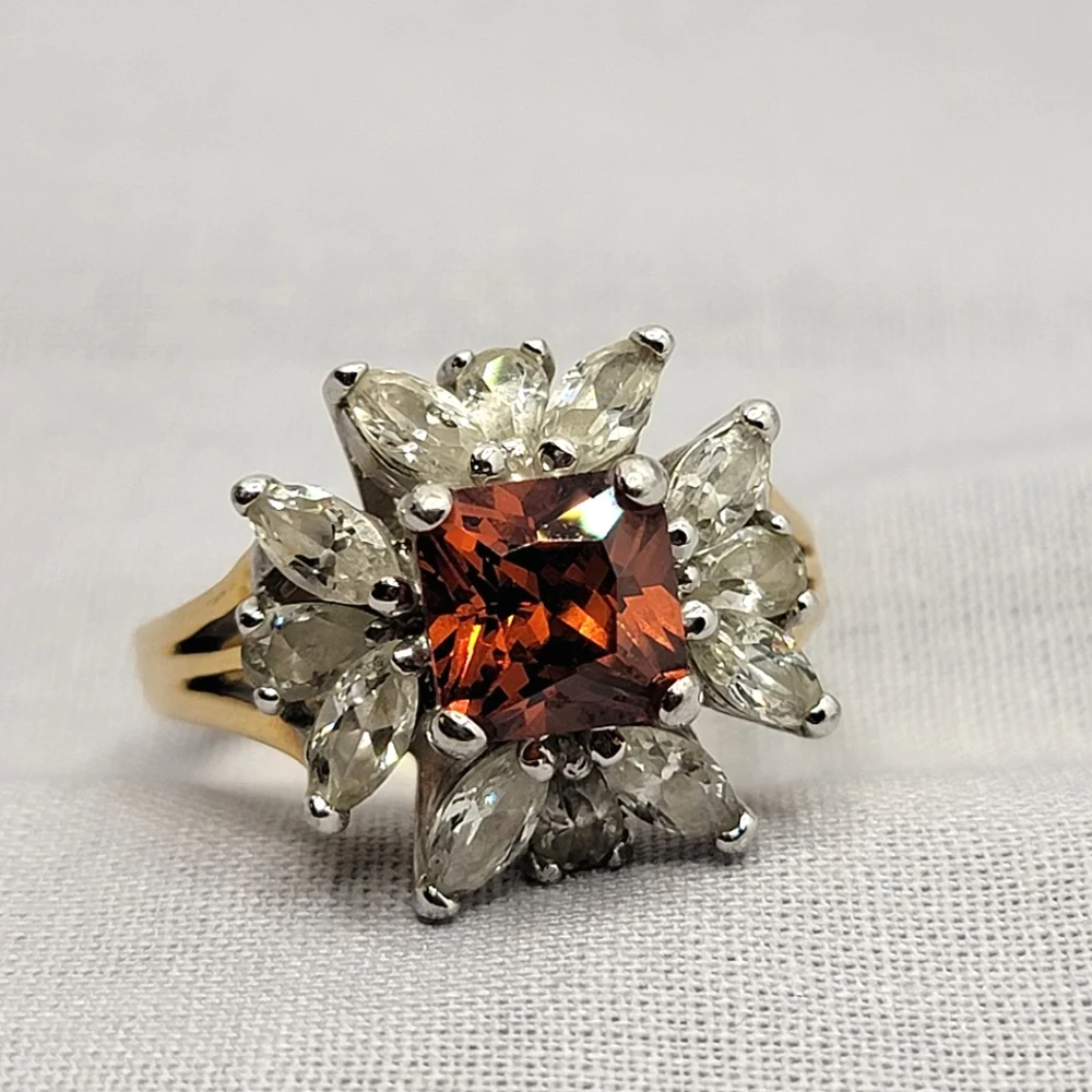 Gorgeous Vintage Sunburst Cocktail Ring Simulated Garnet and Diamond